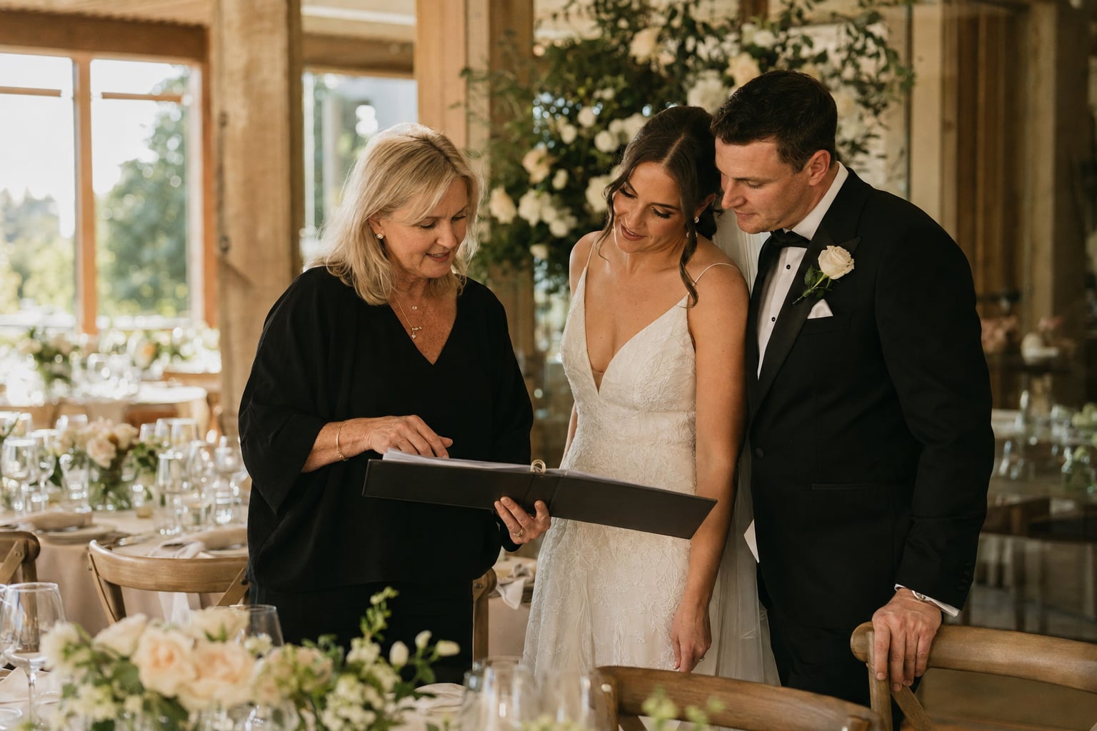 Experienced wedding professional helping a couple review reception details at their venue